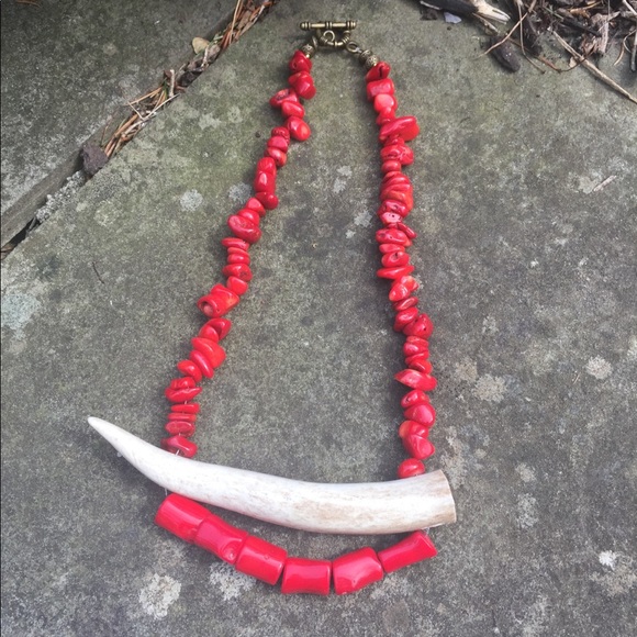 Red Coral Deer Antler Statement Necklace - Picture 13 of 14